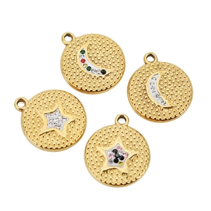 Round Stainless Steel Star Moon Pendants With Rhinestone Inlay For DIY Jewelry Making Necklace Earring Gold Plated Vintage