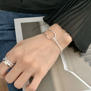 Minimalist 925 sterling silver knotted bracelet and wide industrial ring set for women