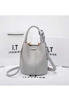 Women Genuine Leather Bucket Bag Lychee Pattern Cowhide Handbag With Satin Scarf Handle Large Capacity Shoulder Crossbody