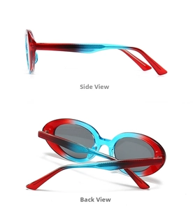 Detailed side and back views of trendy cat eye sunglasses with red-blue gradient frames