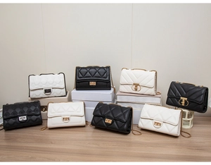 Collection of quilted chain crossbody bags in black and white with gold hardware