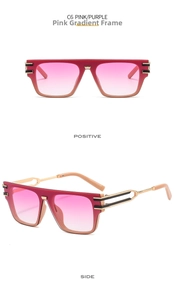 Detailed views of pink and purple gradient sunglasses with decorative metal temples