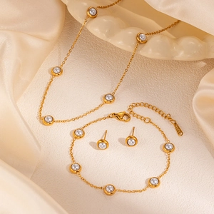 Detail view of gold-plated stainless steel jewelry set with elegant white pearls