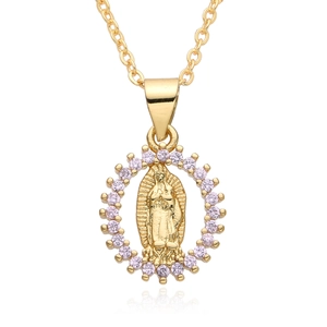 Detail of 18k gold plated Virgin Mary pendant featuring a purple zircon halo design