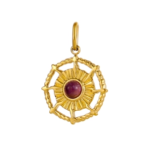 Detailed close-up of a gold round pendant with purple gemstone and knotted texture