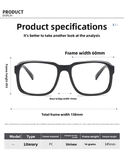 Spécifications détaillées des dimensions pour monture de lunettes vintage noire carrée