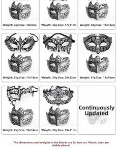 Detailed grid of metal lace masquerade masks with precise weight and size dimensions
