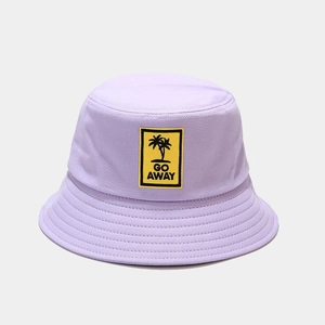 Close-up of lavender cotton bucket hat featuring Go Away palm tree embroidery