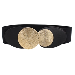 Women elastic waist belt with gold interlocking sunburst buckles for coats and dresses