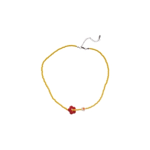 Handmade beaded flower necklace with yellow crystal beads and poppy pendant