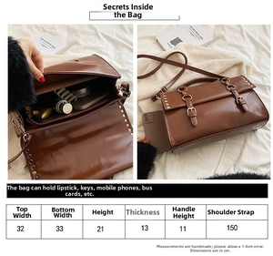 Detailed size chart and interior view of a vintage British style brown faux leather satchel