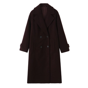 Classic wine red double-breasted long wool coat for women with minimalist silhouette