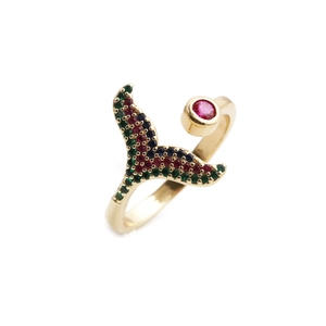 Chic fishtail open ring in gold finish with vibrant colorful cubic zirconia pavé stones