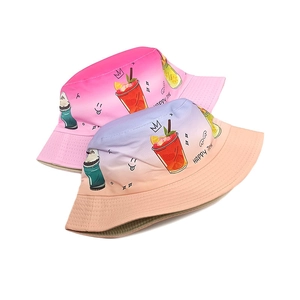Set of two colorful gradient kids sun hats with cute cartoon prints and Happy Time text