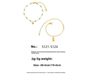 Detail of green beaded anklet with shell pendant and rectangular tag in gold titanium steel