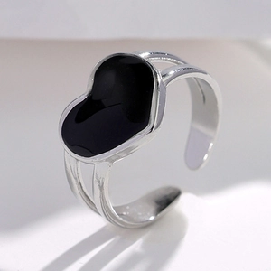 Minimalist silver stainless steel open ring with black heart drip oil design