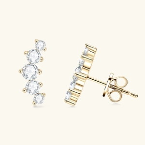 Elegant gold 925 silver stud earrings with five graduated round moissanite stones