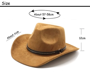Size guide for khaki suede cowboy hat with 57-58cm circumference and 8cm brim