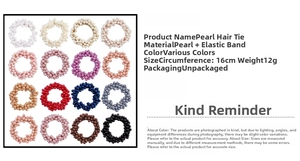 Detail specifications of elastic pearl hair ties in sixteen diverse color options