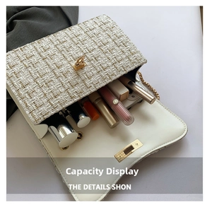 Detail of tweed crossbody bag showing gold lock and capacity for several lipsticks