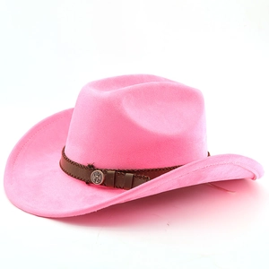 Close-up of pink felt cowboy hat featuring woven leather band and vintage metal emblem