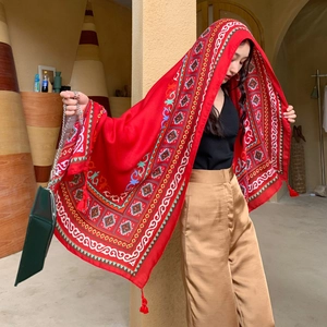 Ethnic red fringe shawl scarf with vintage patterns for summer beach sun protection