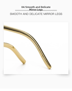 Detailed macro view of polished gold metal temples on oversized square sunglasses