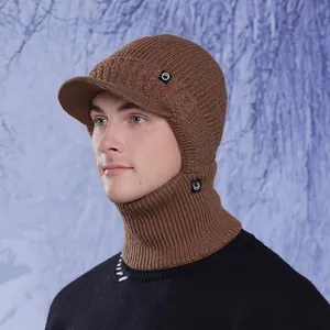Brown winter knit hat with neck gaiter and visor for men, windproof fleece-lined warmth