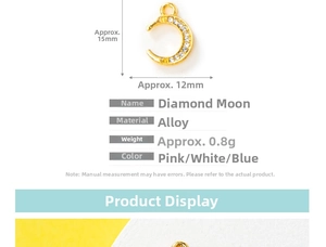 Detailed view of rhinestone moon charms with dimensions and specifications in cm