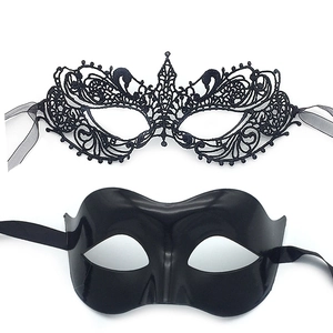 Detailed view of black lace and plastic masquerade masks with intricate cutout patterns