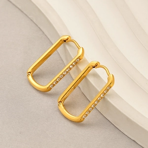Boucles D'oreilles Créoles Rectangulaires En Acier Inoxydable Plqué Or 18K Avec Strass Bijoux Géométriques Pour Femmes