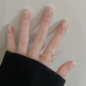 Press On Nails French Short Small Fragrance Tweed Artificial Pearl Rhinestone Detachable Fake Nails For Women