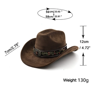 Brown western cowboy hat with ethnic embroidery, red gemstone, and size specifications