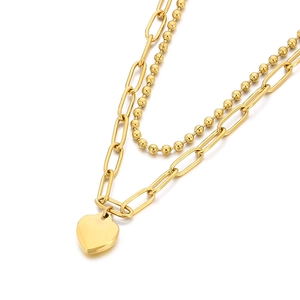 Double-layered gold stainless steel necklace with heart pendant and paperclip bead chain