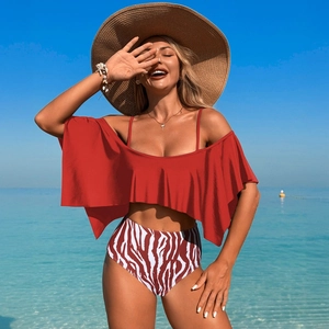 Red ruffle bikini top with high-waisted zebra print bottoms on a sunny beach background