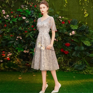 Detailed embroidery on silver lace V-neck midi evening dress with ruffle sleeves