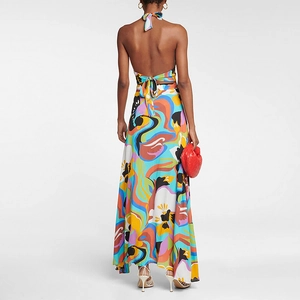 Robe longue dos nu à licou avec imprimé abstrait bohème coloré pour les vacances d'été