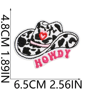 Detailed embroidery patch sizing for cow print cowboy hat with pink Howdy text