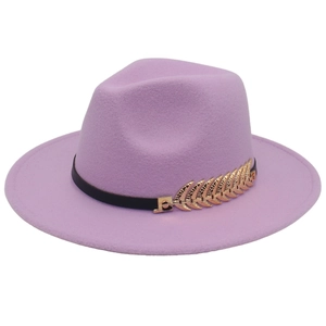 Light purple wool fedora hat with wide brim and elegant golden leaf buckle detail