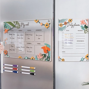 Macro detail of acrylic fridge calendars with floral patterns and colorful magnetic markers