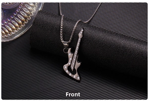 Detailed front view of guitar pendant necklace in gunmetal with white dot inlay