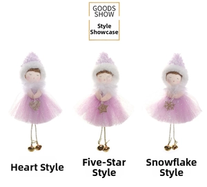 Plush Christmas fairy ornaments with purple mesh skirts and golden bells set of three