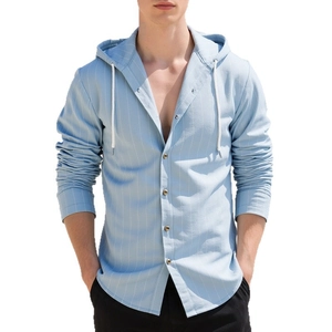 Men's light blue vertical striped long sleeve hooded linen shirt with white drawstrings