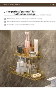 Close-up of double-tier golden iron bathroom rack with hollow drain design on marble wall
