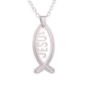 Silver stainless steel Ichthys fish pendant necklace with cutout JESUS lettering for men and women