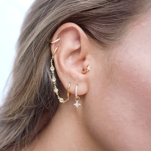 Detail of s925 silver needle gold earrings set with star pendant and zircon on ear