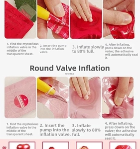 Instructional macro view showing 4D foil balloon inflation steps and self-sealing valve
