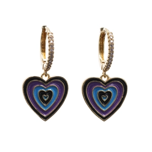 Golden heart earrings with colorful enamel layers and sparkling diamond inlay on a white background