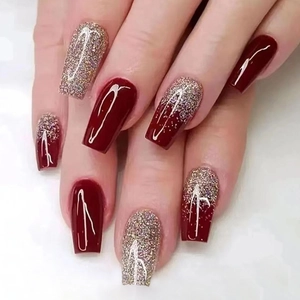 Burgundy Wine Red Press On Nails With Gold Glitter Gradient Long Coffin Shape Glossy Artificial Fake Nails For Women