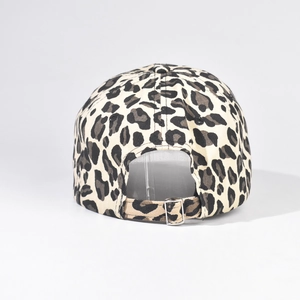 Detailed back view of leopard print baseball cap with adjustable metal buckle and fabric strap